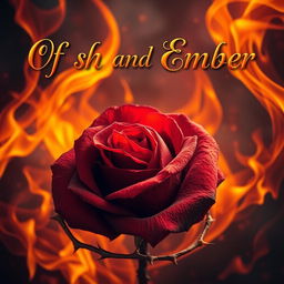 An enchanting and visually striking scene featuring a deep crimson rose at the center, surrounded by swirling flames of vibrant orange and yellow