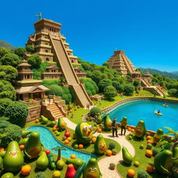A fantastical representation of the ancient city of Tenochtitlan, creatively constructed entirely from avocados