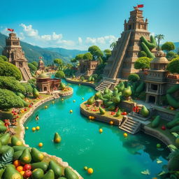 A fantastical representation of the ancient city of Tenochtitlan, creatively constructed entirely from avocados
