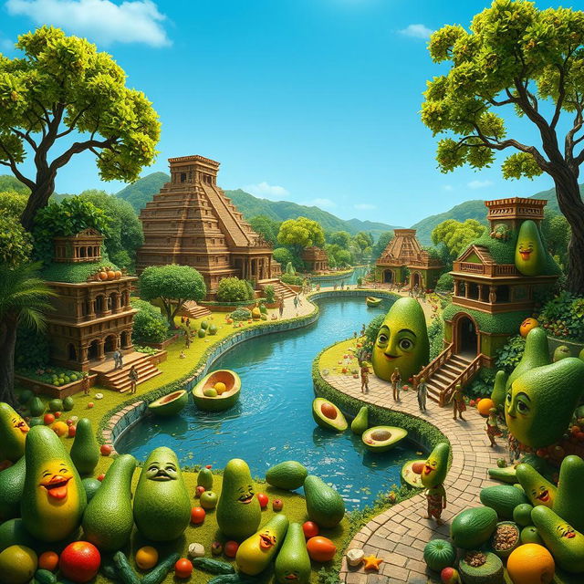 A fantastical representation of the ancient city of Tenochtitlan, creatively constructed entirely from avocados