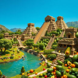 A fantastical representation of the ancient city of Tenochtitlan, creatively constructed entirely from avocados