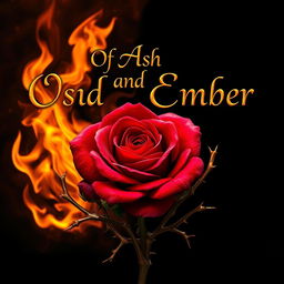 An exquisite and alluring scene showcasing a deep crimson rose at the center, surrounded by fierce flames of vibrant orange and yellow, with intricate gold thorns winding around the flower