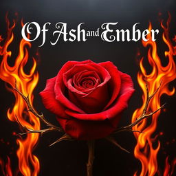 An exquisite and alluring scene showcasing a deep crimson rose at the center, surrounded by fierce flames of vibrant orange and yellow, with intricate gold thorns winding around the flower