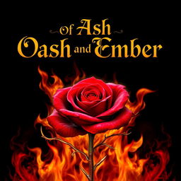 An exquisite and alluring scene showcasing a deep crimson rose at the center, surrounded by fierce flames of vibrant orange and yellow, with intricate gold thorns winding around the flower
