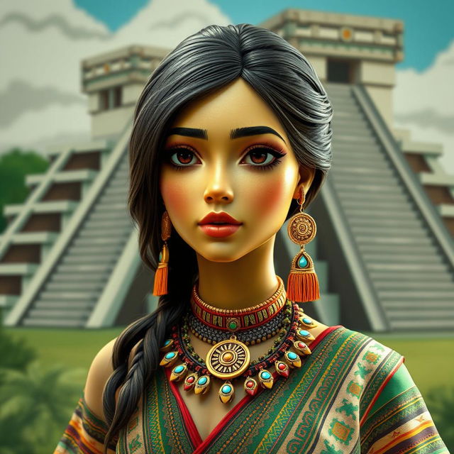 A realistic feminine avocado, anthropomorphized with delicate features, adorned in traditional Aztec clothing