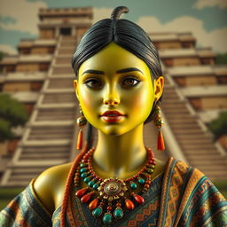 A realistic feminine avocado, anthropomorphized with delicate features, adorned in traditional Aztec clothing