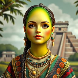 A realistic feminine avocado, anthropomorphized with delicate features, adorned in traditional Aztec clothing