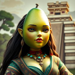 A realistic feminine avocado, anthropomorphized with delicate features, adorned in traditional Aztec clothing