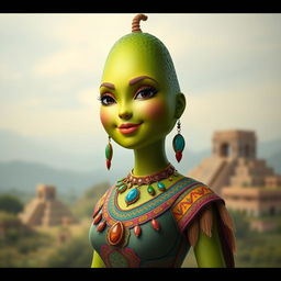 A realistic feminine avocado, anthropomorphized with graceful features, dressed in traditional Aztec clothing