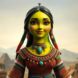 A realistic feminine avocado, anthropomorphized with graceful features, dressed in traditional Aztec clothing