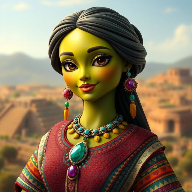 A realistic feminine avocado, anthropomorphized with graceful features, dressed in traditional Aztec clothing