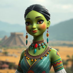 A realistic feminine avocado, anthropomorphized with graceful features, dressed in traditional Aztec clothing