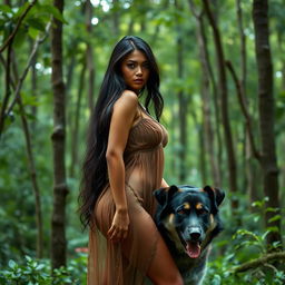 A stunning Thai woman with long dark hair, a fierce expression on her face, and a sexy, curvy figure