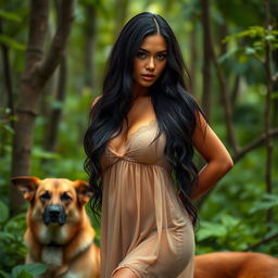 A stunning Thai woman with long dark hair, a fierce expression on her face, and a sexy, curvy figure