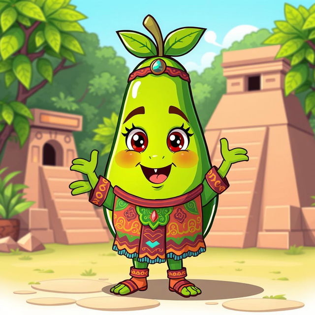 A cartoon-style avocado character, dressed in vibrant, traditional Aztec clothing adorned with intricate patterns and colorful designs