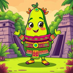 A cartoon-style avocado character, dressed in vibrant, traditional Aztec clothing adorned with intricate patterns and colorful designs