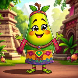 A cartoon-style avocado character, dressed in vibrant, traditional Aztec clothing adorned with intricate patterns and colorful designs