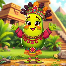 A cartoon-style avocado character, dressed in vibrant, traditional Aztec clothing adorned with intricate patterns and colorful designs