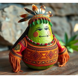 A realistic avocado, styled with rich, traditional Aztec clothing featuring detailed embroidery and vibrant colors