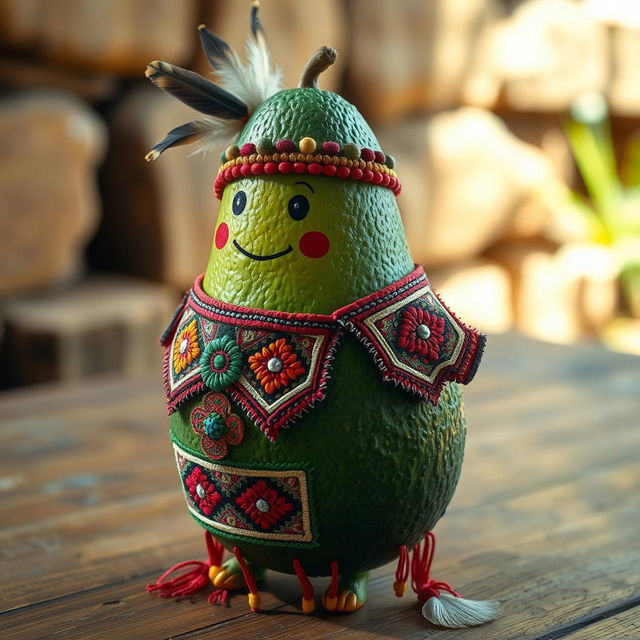 A realistic avocado, styled with rich, traditional Aztec clothing featuring detailed embroidery and vibrant colors