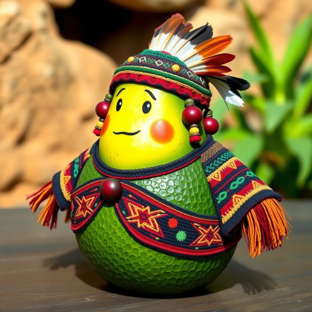 A realistic avocado, styled with rich, traditional Aztec clothing featuring detailed embroidery and vibrant colors