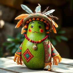 A realistic avocado, styled with rich, traditional Aztec clothing featuring detailed embroidery and vibrant colors