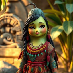 A realistic feminine avocado, embodying a character dressed in traditional Aztec clothing