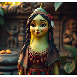 A realistic feminine avocado, embodying a character dressed in traditional Aztec clothing