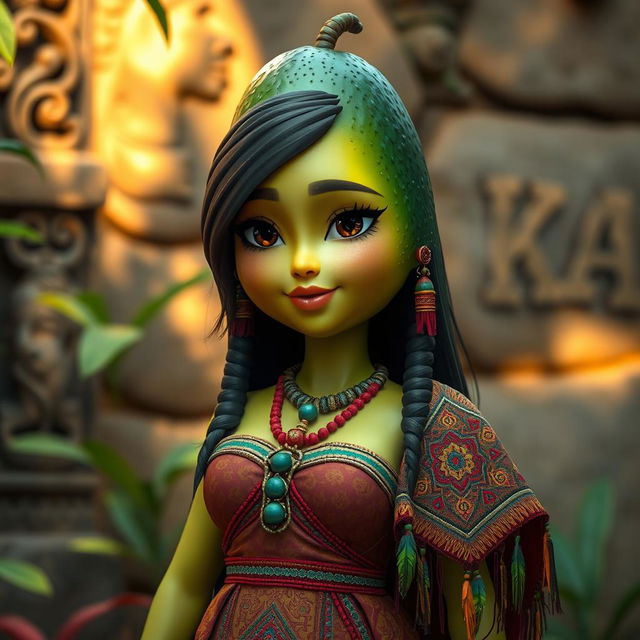 A realistic feminine avocado, embodying a character dressed in traditional Aztec clothing