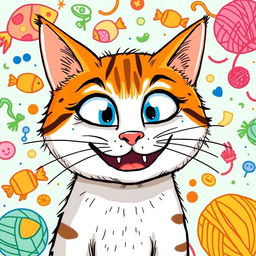 A funny cat illustrated in a vibrant and whimsical style, showcasing a mischievous expression with exaggerated features such as large eyes and a goofy grin