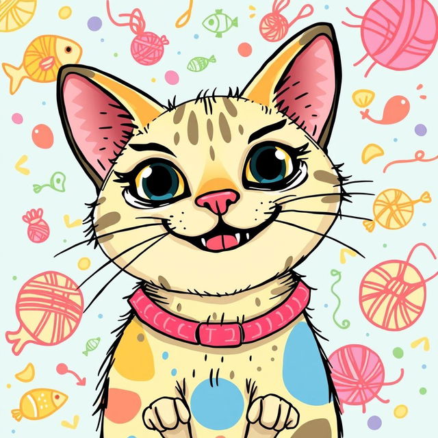 A funny cat illustrated in a vibrant and whimsical style, showcasing a mischievous expression with exaggerated features such as large eyes and a goofy grin