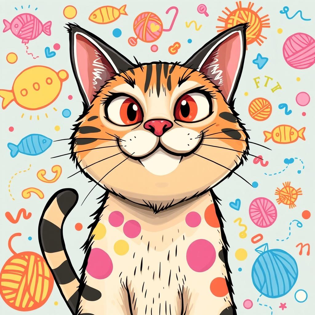 A funny cat illustrated in a vibrant and whimsical style, showcasing a mischievous expression with exaggerated features such as large eyes and a goofy grin