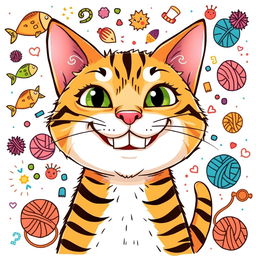 A funny cat illustrated in a vibrant and whimsical style, showcasing a mischievous expression with exaggerated features such as large eyes and a goofy grin