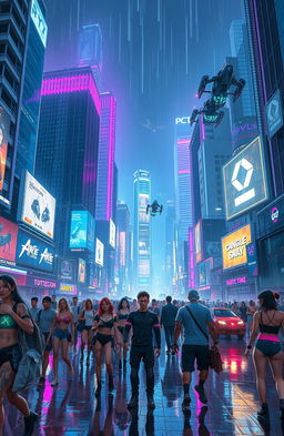 A futuristic cyberpunk cityscape at night, filled with towering skyscrapers adorned with neon lights in vibrant blue, purple, and pink shades