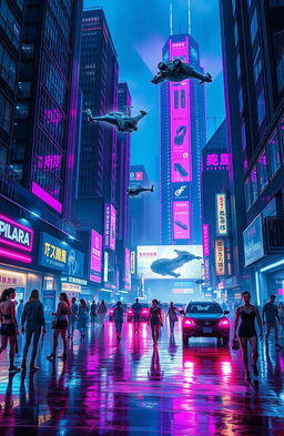 A futuristic cyberpunk cityscape at night, filled with towering skyscrapers adorned with neon lights in vibrant blue, purple, and pink shades