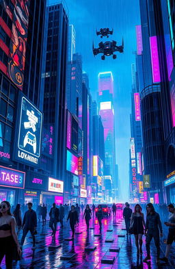 A futuristic cyberpunk cityscape at night, filled with towering skyscrapers adorned with neon lights in vibrant blue, purple, and pink shades