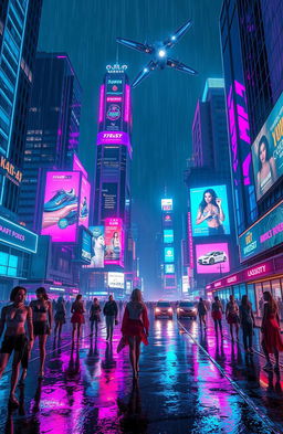 A futuristic cyberpunk cityscape at night, filled with towering skyscrapers adorned with neon lights in vibrant blue, purple, and pink shades
