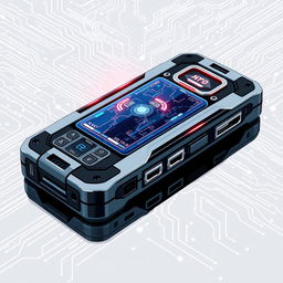 An intricate and highly detailed illustration of a futuristic all-in-one hacking tool, resembling a sleek handheld device