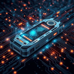 An intricate and highly detailed illustration of a futuristic all-in-one hacking tool, resembling a sleek handheld device