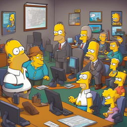 A bustling tech office scene in The Simpsons style featuring Homer coding at his desk, Lisa explaining an algorithm at a whiteboard, and Mr