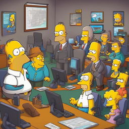 A bustling tech office scene in The Simpsons style featuring Homer coding at his desk, Lisa explaining an algorithm at a whiteboard, and Mr