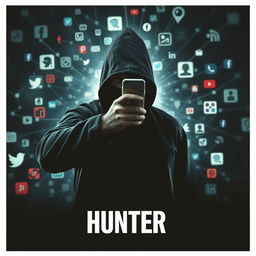 Design a thrilling movie poster featuring a mysterious hunter dressed in all black, wearing a face mask to conceal their identity