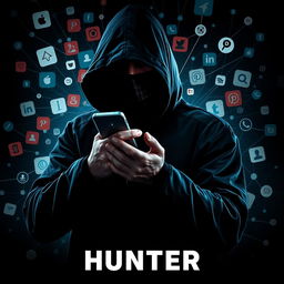 Design a thrilling movie poster featuring a mysterious hunter dressed in all black, wearing a face mask to conceal their identity