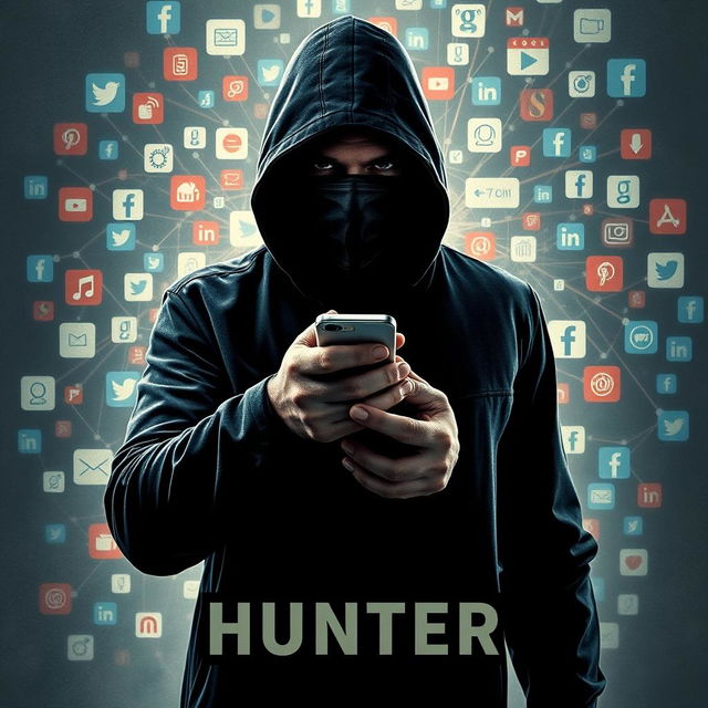 Design a thrilling movie poster featuring a mysterious hunter dressed in all black, wearing a face mask to conceal their identity