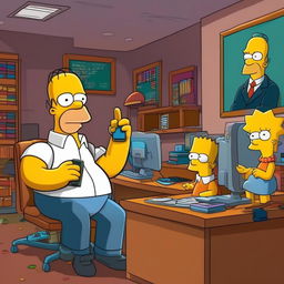 A bustling tech office scene in The Simpsons style featuring Homer coding at his desk, Lisa explaining an algorithm at a whiteboard, and Mr