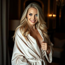 A confident woman in her 40s with long, flowing blonde hair and striking blue eyes is wrapped in a luxurious robe, which drapes softly over her curves