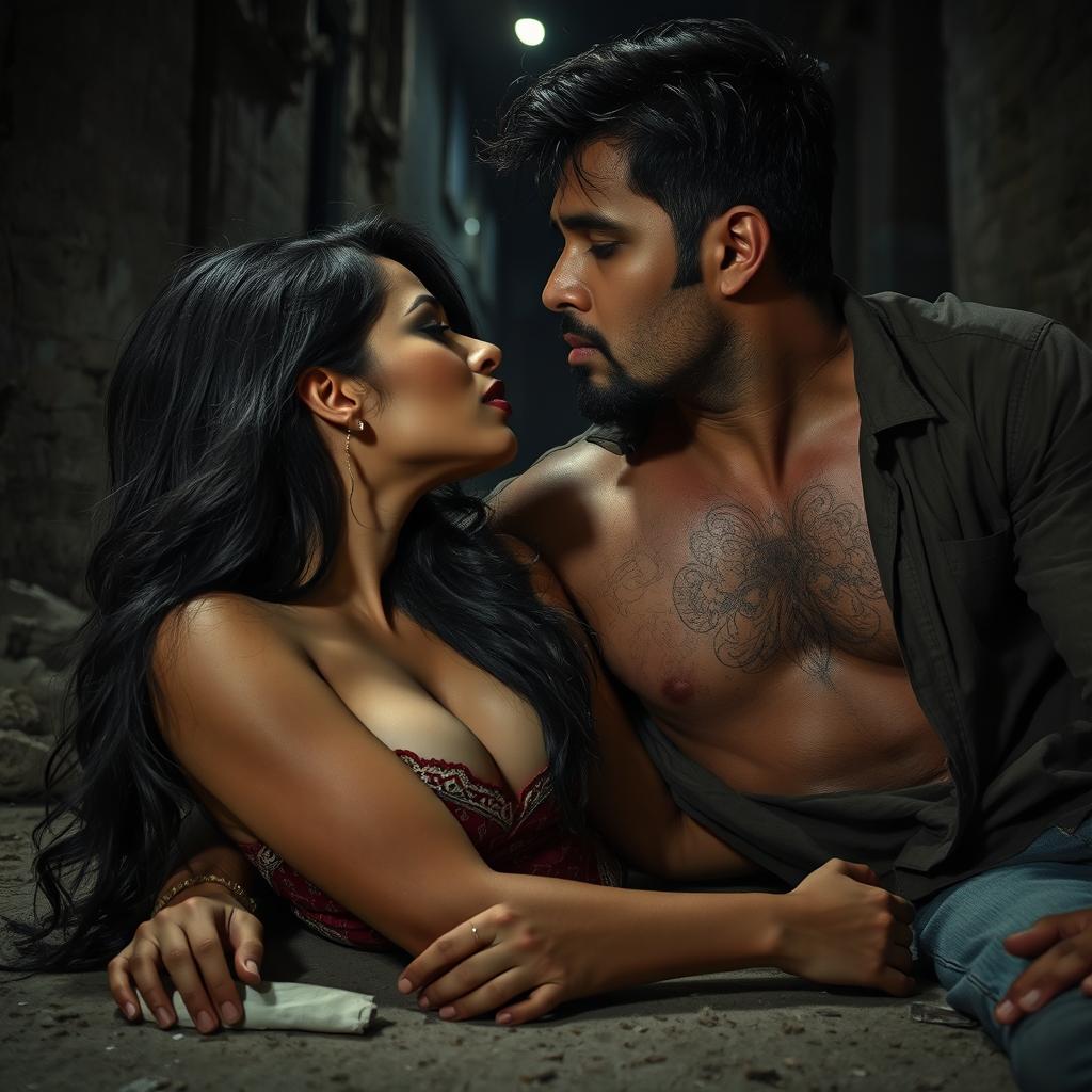 A sultry Pakistani woman, embodying confidence and allure, engaged in an intense moment with a rugged man in a shadowy slum at night