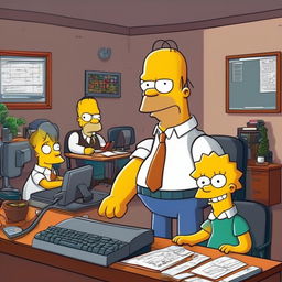 A bustling tech office scene in The Simpsons style featuring Homer coding at his desk, Lisa explaining an algorithm at a whiteboard, and Mr