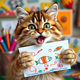 A funny cat holding a colorful drawing in its paws, with a quirky and animated expression on its face