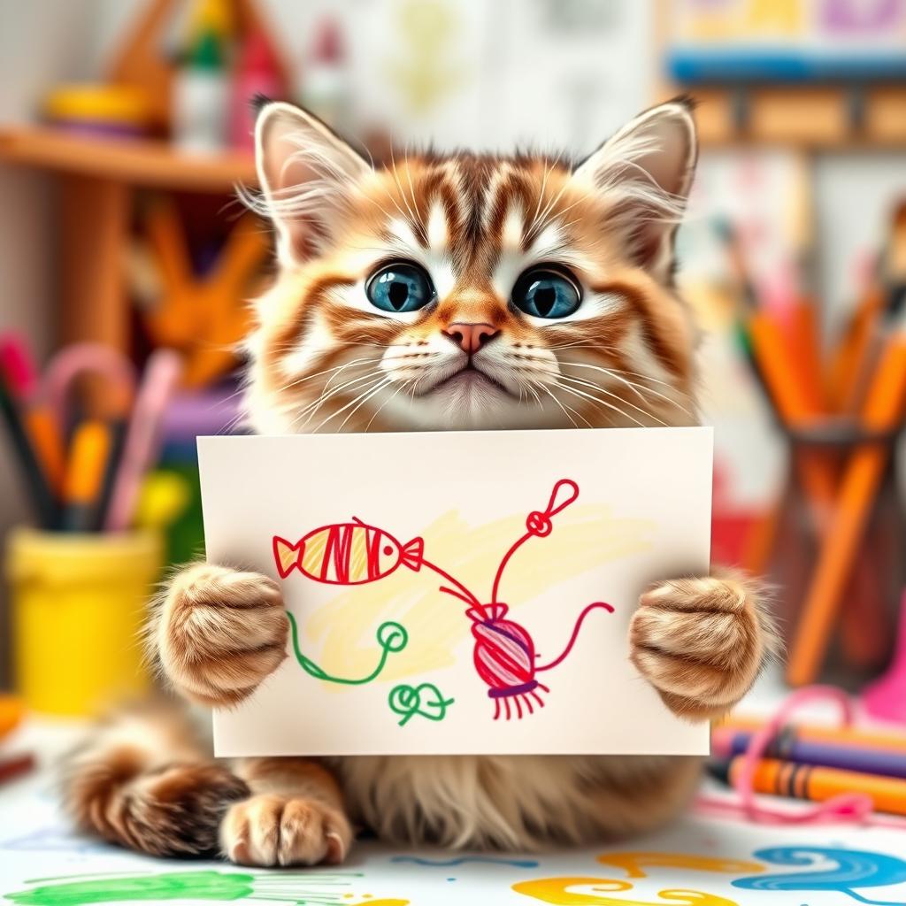 A funny cat holding a colorful drawing in its paws, with a quirky and animated expression on its face